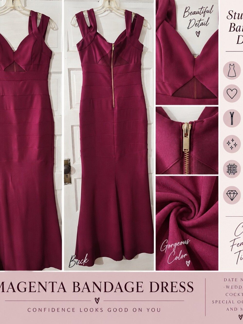 Magenta Bandage Midi Dress Criss Cross Strappy Cutout Bodycon Dress Lg